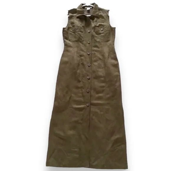 🇫🇷 NWOT Votre Nom Paris Olive Army Green Sleeveless Linen Blend Shirt Dress T…