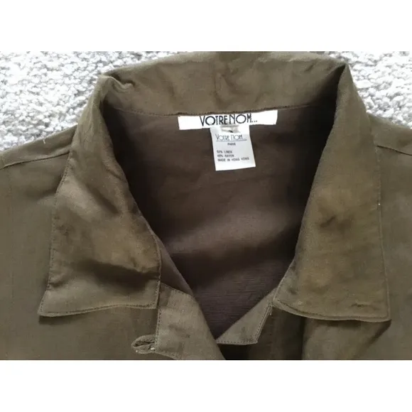 🇫🇷 NWOT Votre Nom Paris Olive Army Green Sleeveless Linen Blend Shirt Dress T…