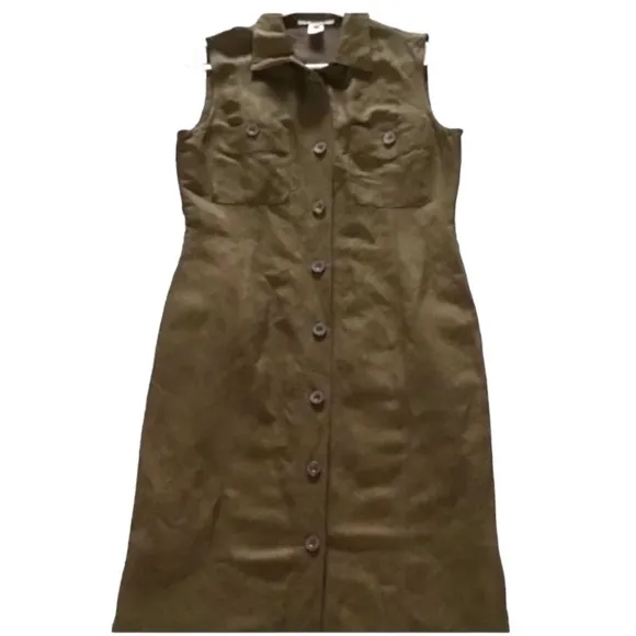 🇫🇷 NWOT Votre Nom Paris Olive Army Green Sleeveless Linen Blend Shirt Dress T…