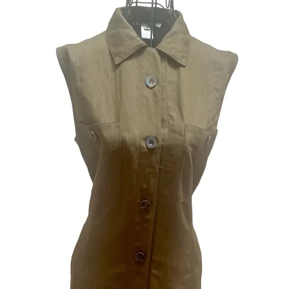 🇫🇷 NWOT Votre Nom Paris Olive Army Green Sleeveless Linen Blend Shirt Dress T…