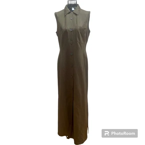 🇫🇷 NWOT Votre Nom Paris Olive Army Green Sleeveless Linen Blend Shirt Dress T…