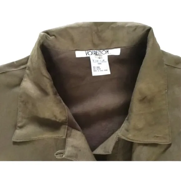 🇫🇷 NWOT Votre Nom Paris Olive Army Green Sleeveless Linen Blend Shirt Dress T…