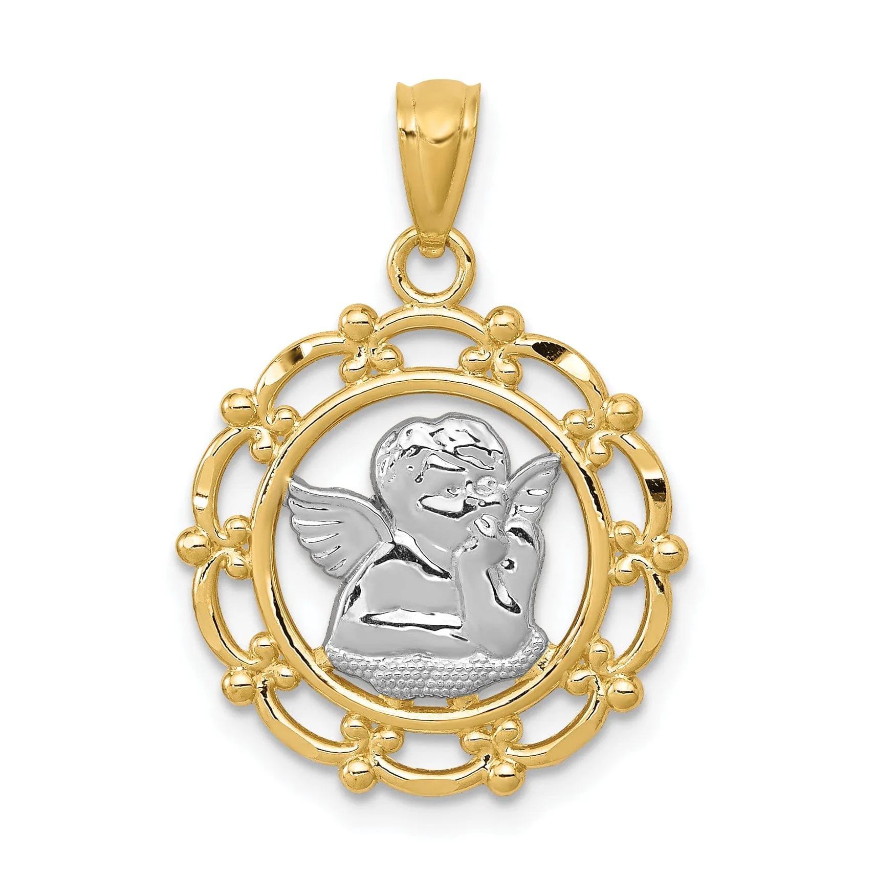 14K Yellow Gold Rhodium Finish Round Concave Medal Angel Pendant