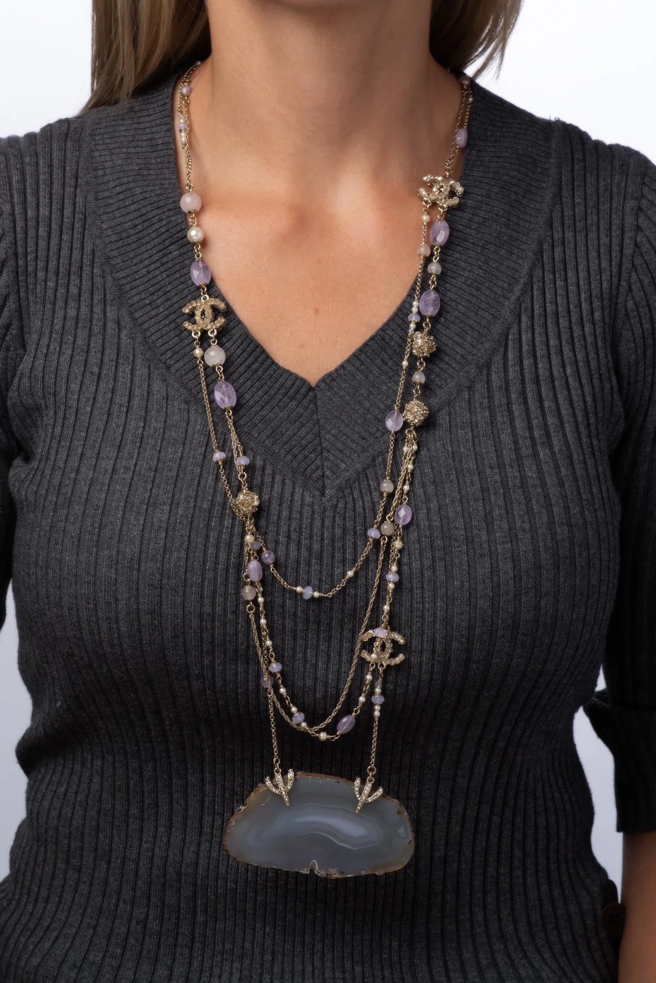 2012 Chanel Agate Multi Strand Necklace Long 35" Graduated Crystals