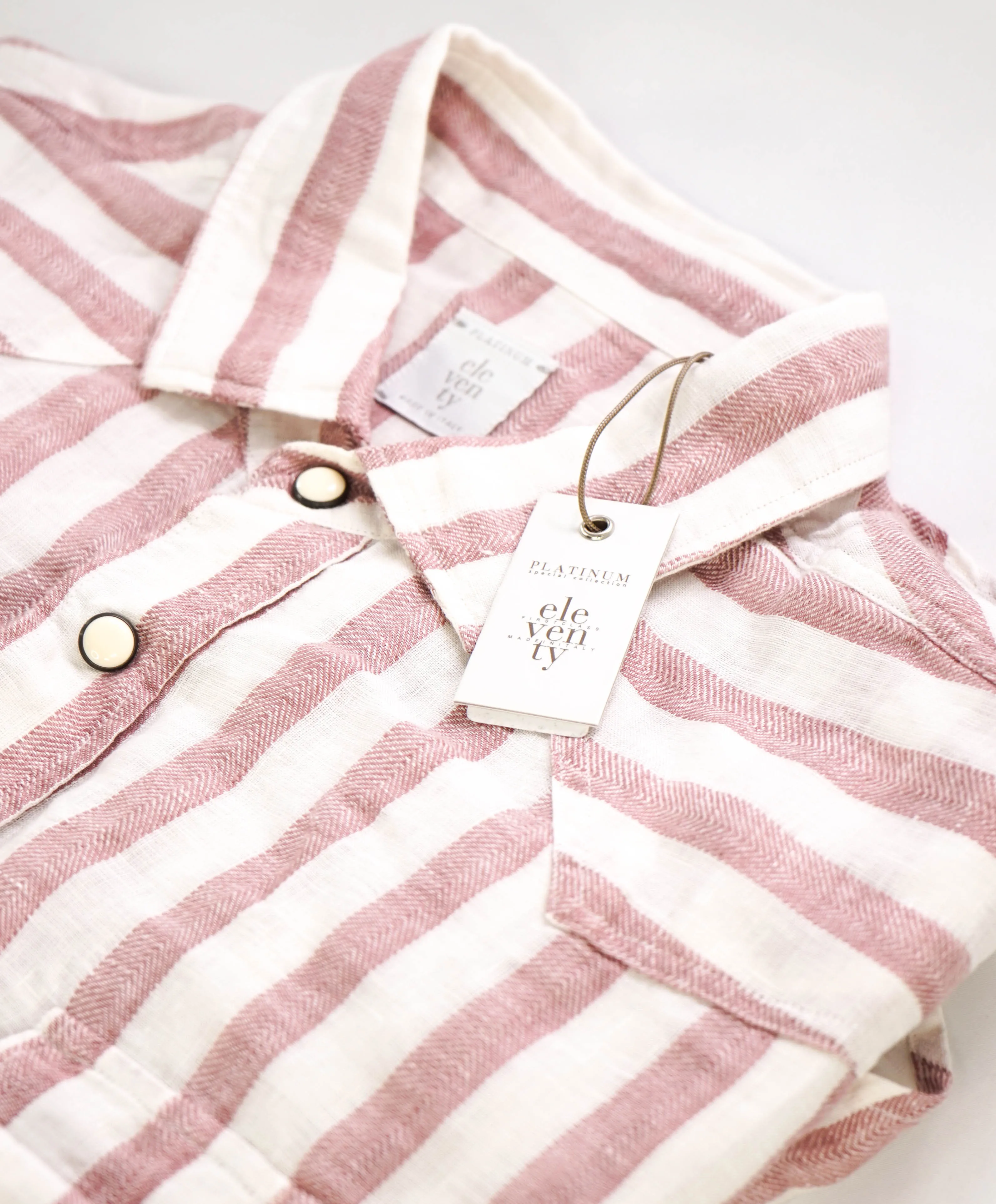 $395 ELEVENTY - Red/Pink White LINEN Broad Stripe SNAP Front Shirt - M
