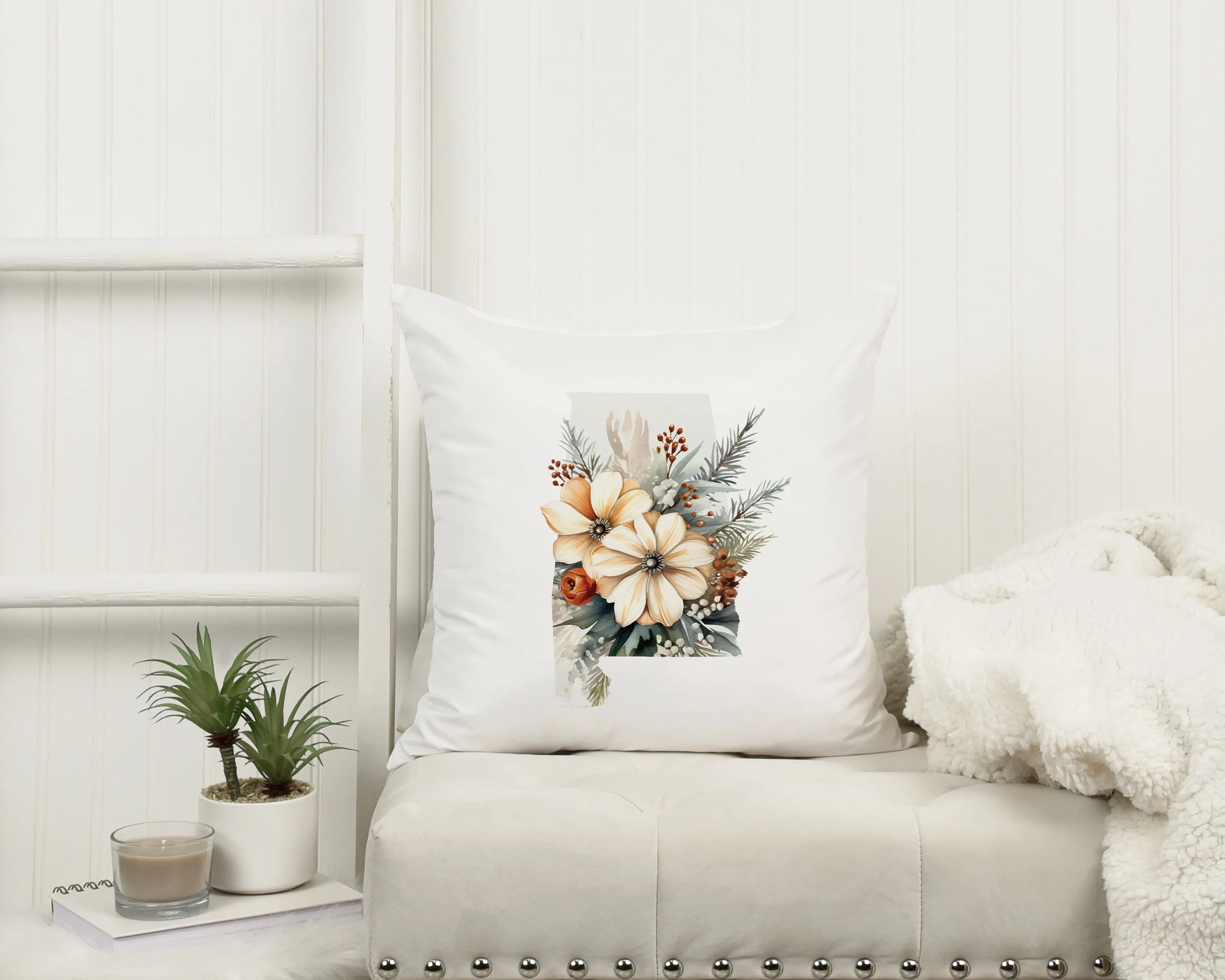 Alabama State Silhouette Pillow with Winter Blooms - 18x18 Inch