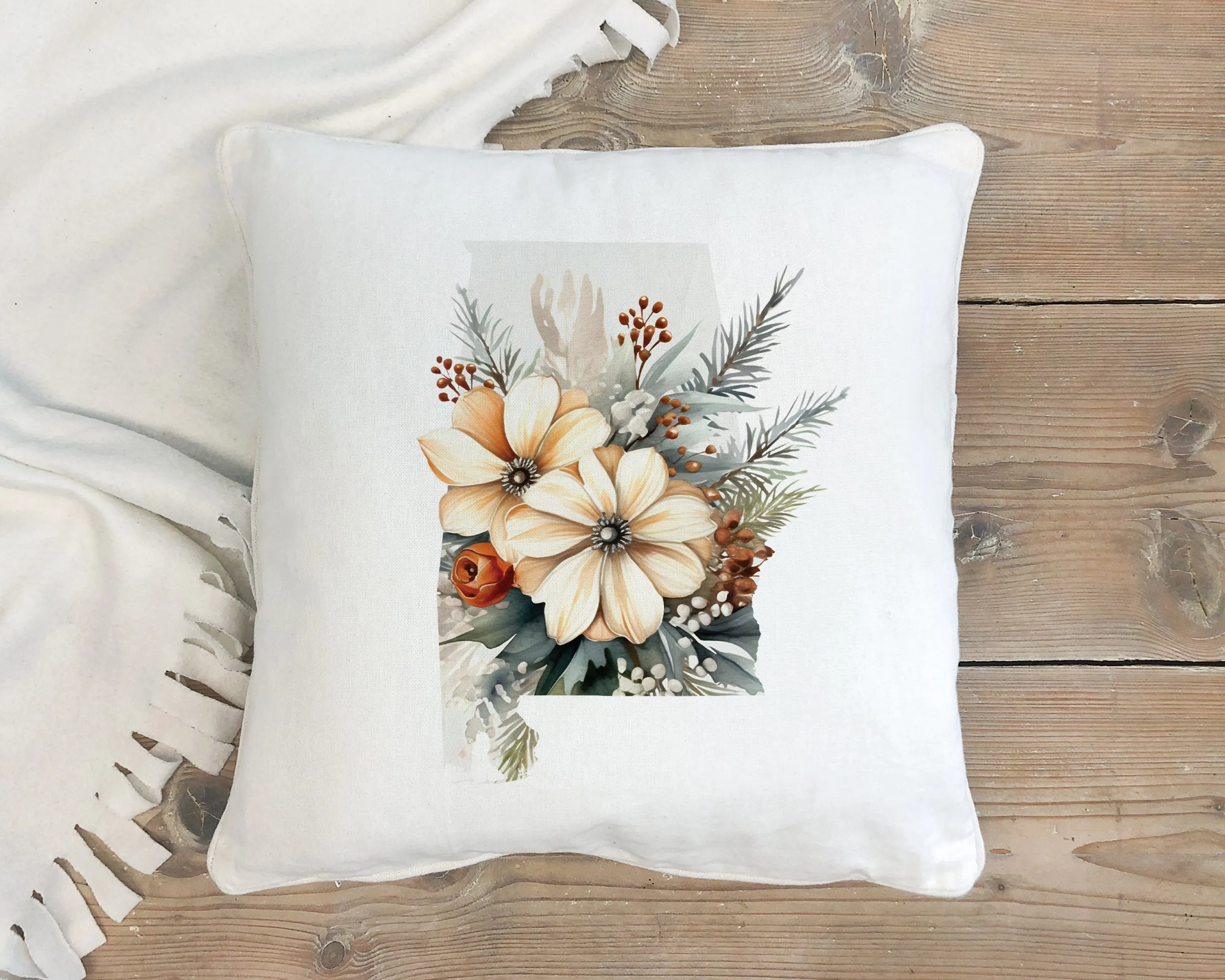 Alabama State Silhouette Pillow with Winter Blooms - 18x18 Inch
