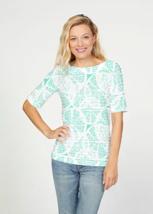 Aqua Citrus (7855) ~ Banded Elbow Sleeve Boat Neck Top