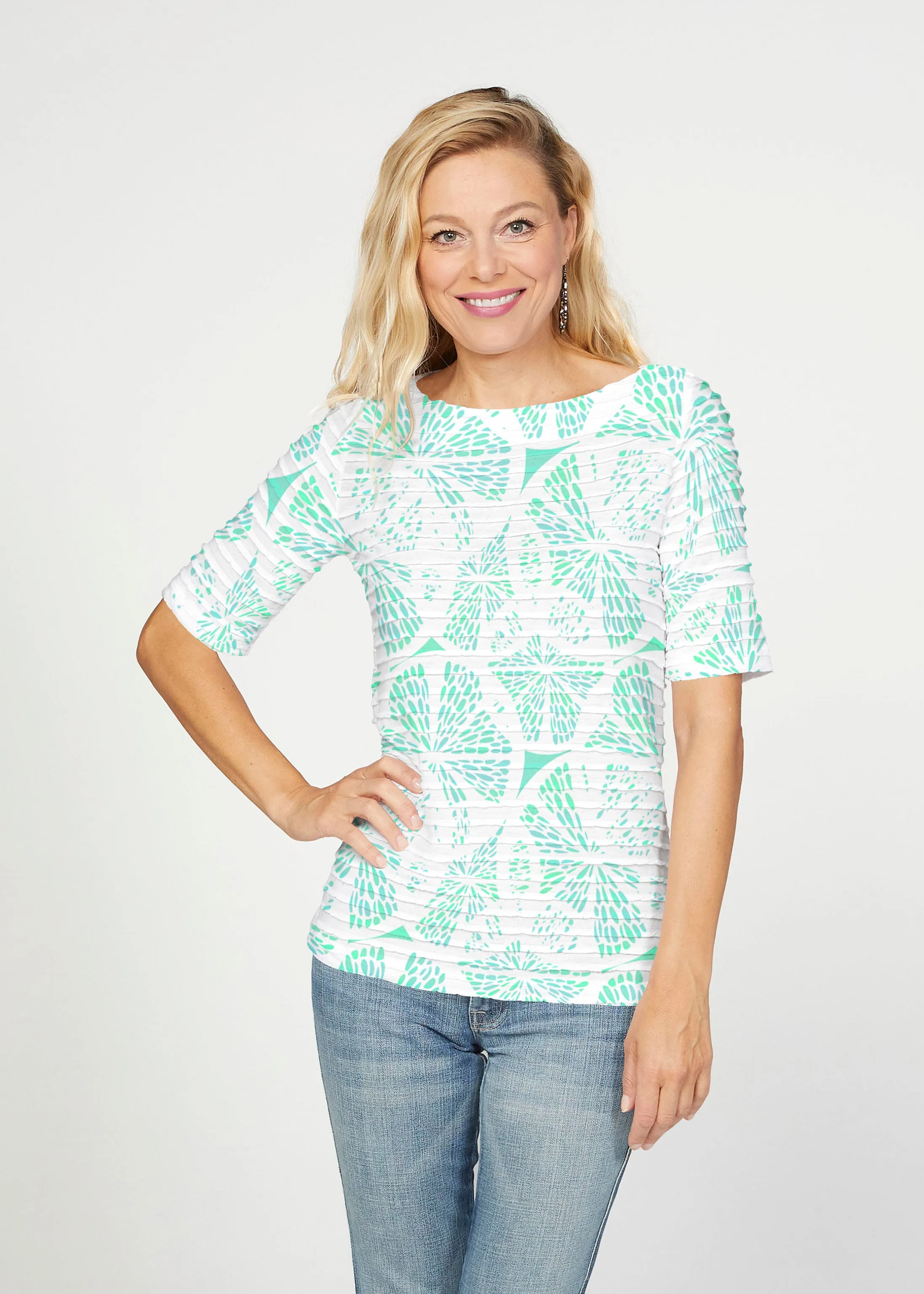 Aqua Citrus (7855) ~ Banded Elbow Sleeve Boat Neck Top