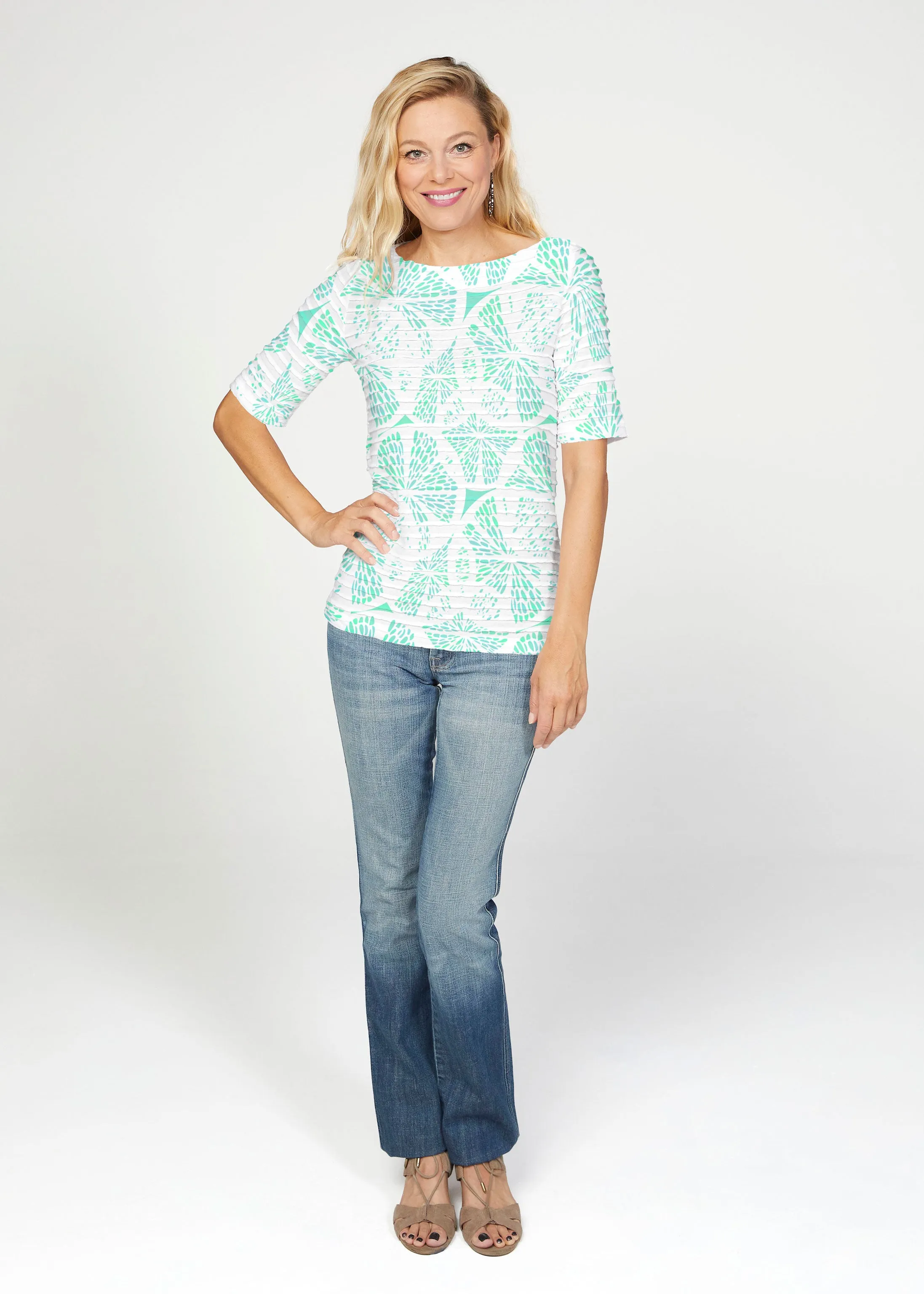 Aqua Citrus (7855) ~ Banded Elbow Sleeve Boat Neck Top