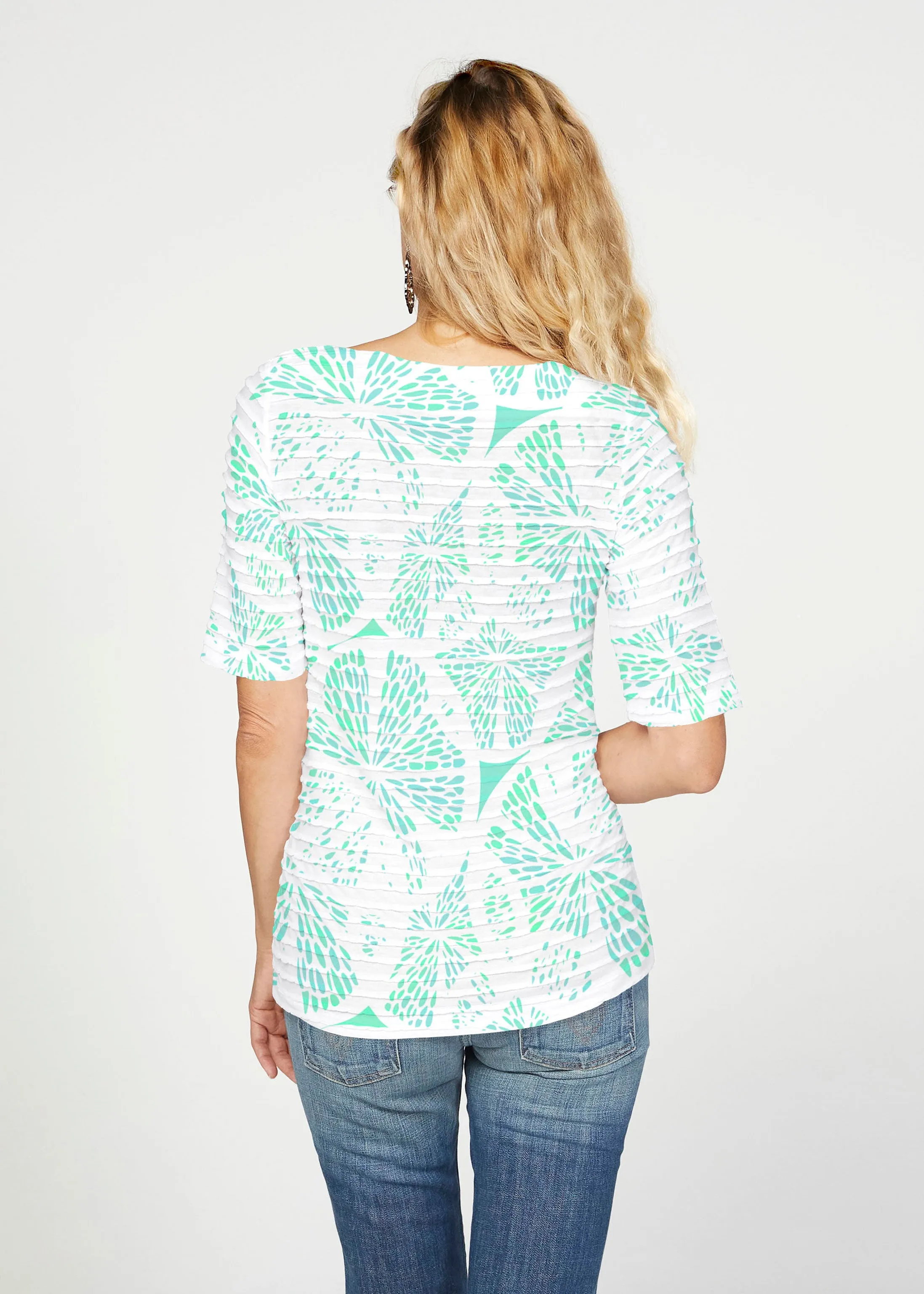 Aqua Citrus (7855) ~ Banded Elbow Sleeve Boat Neck Top