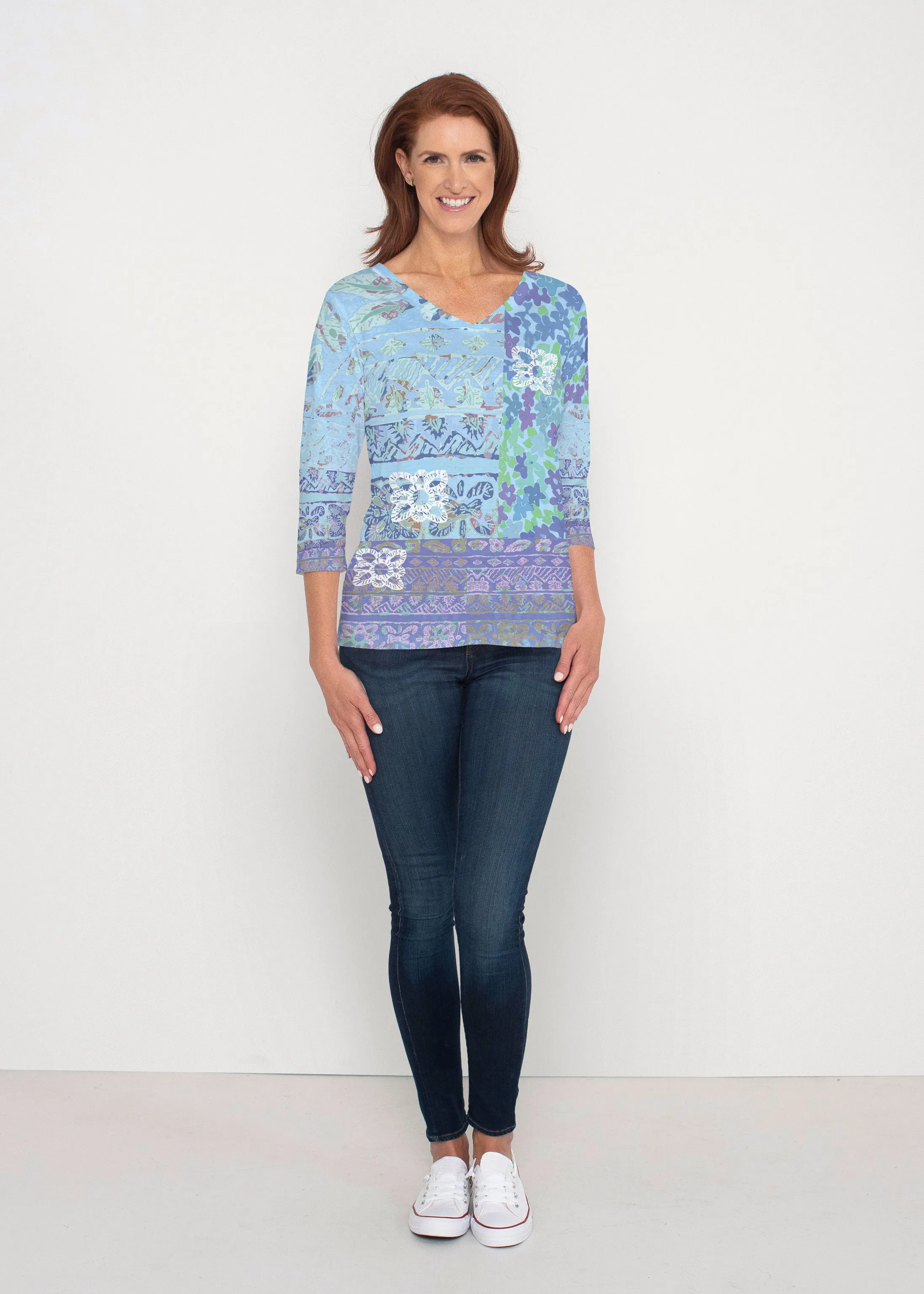 Aspen Aqua (19186) ~ Signature 3/4 Sleeve V-Neck Top