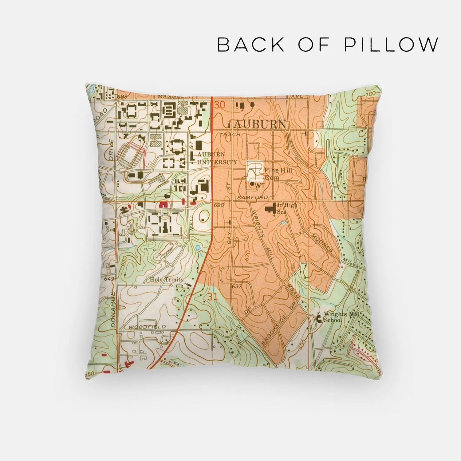 Auburn Alabama City Map Pillow | 18x18 inches | Zippered cover | full map on back
