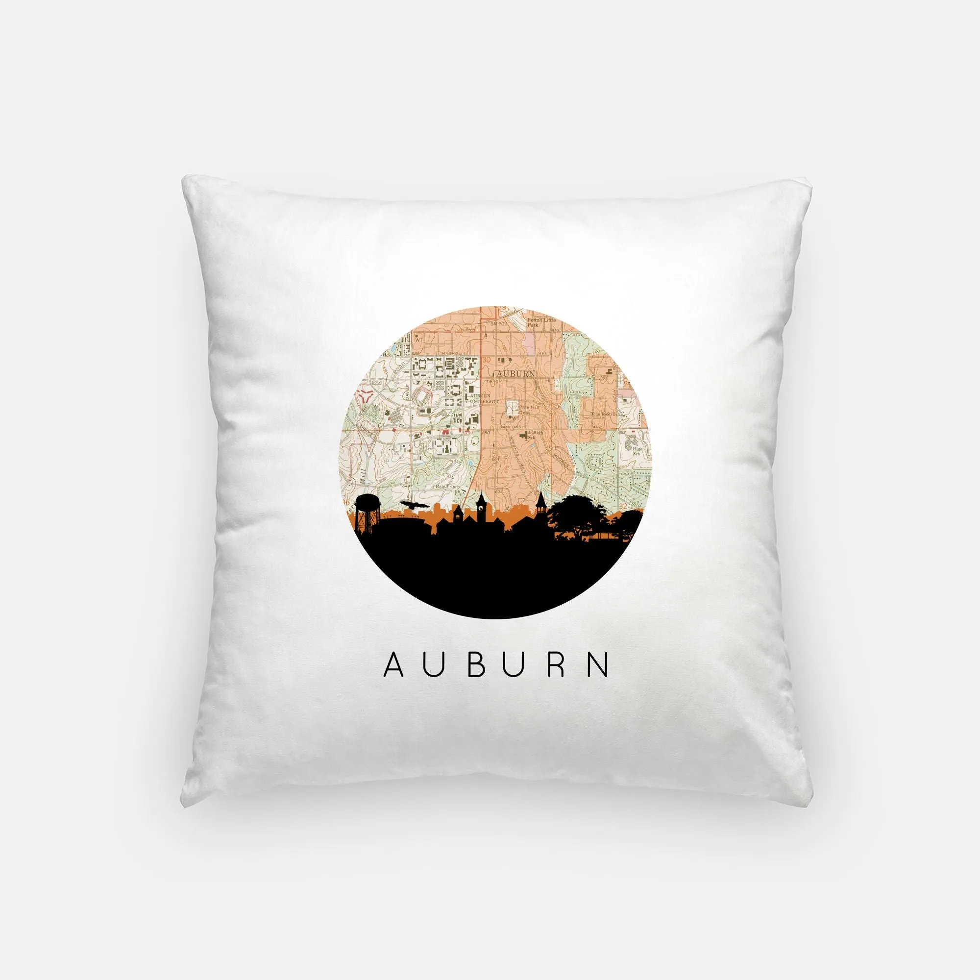 Auburn Alabama City Map Pillow | 18x18 inches | Zippered cover | full map on back