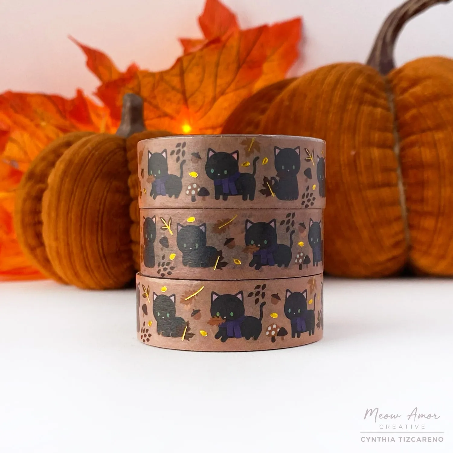Autumn Black Cat Gold Foil Washi Tape