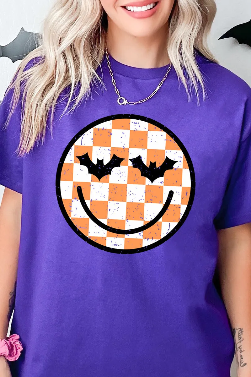 Batty Checkered Happy Face Short Sleeve Relaxed Fit T-Shirt