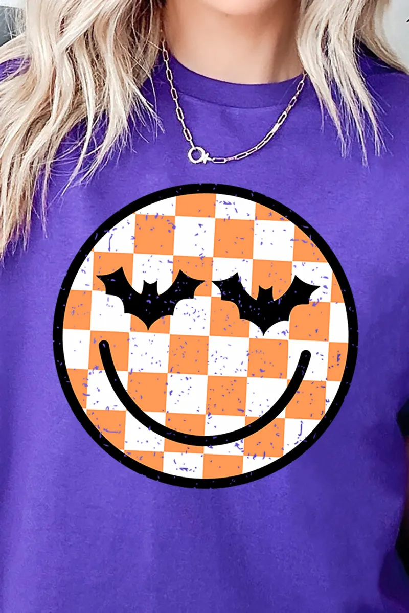 Batty Checkered Happy Face Short Sleeve Relaxed Fit T-Shirt