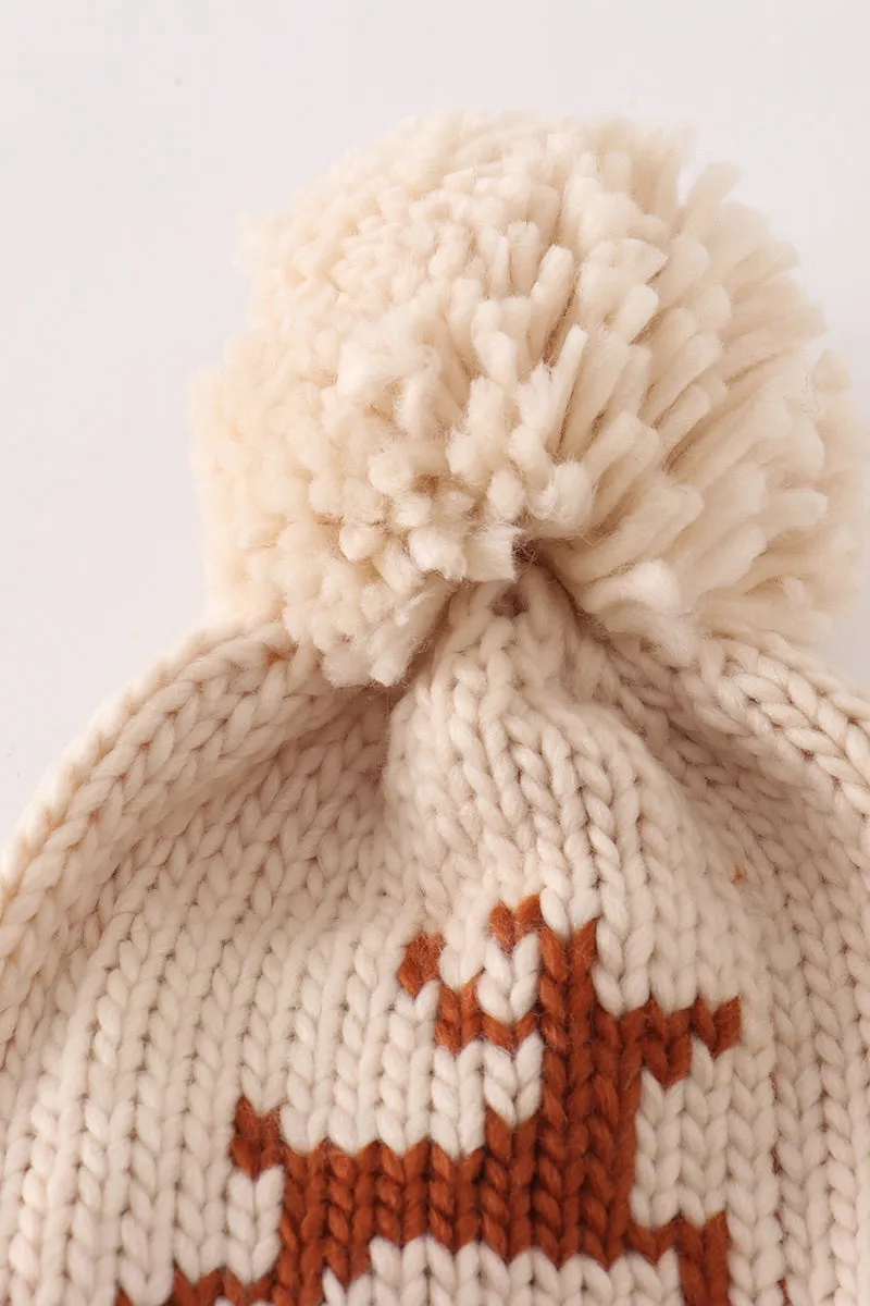 Beige Pompom Reindeer Cable Beanie