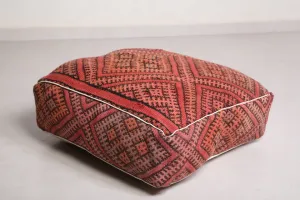 Berber Handwoven Moroccan Kilim Old Rug Pouf - Traditional Floor Cushion