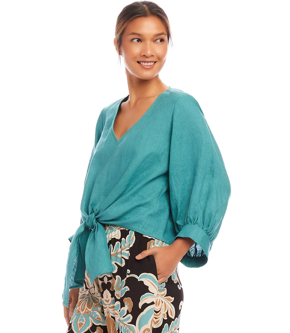 Blouson Sleeve Linen Tie-Front Top