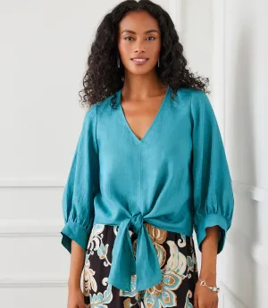 Blouson Sleeve Linen Tie-Front Top