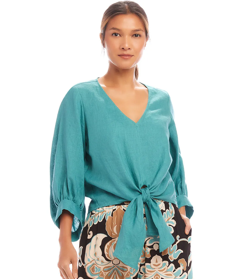Blouson Sleeve Linen Tie-Front Top