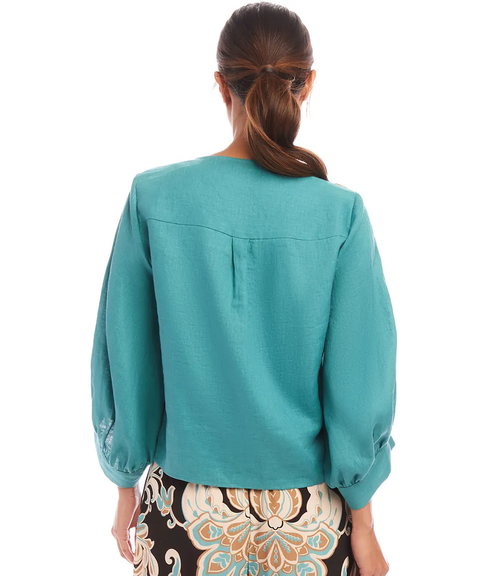 Blouson Sleeve Linen Tie-Front Top