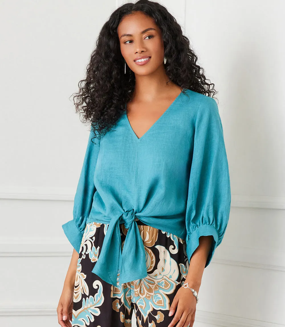 Blouson Sleeve Linen Tie-Front Top