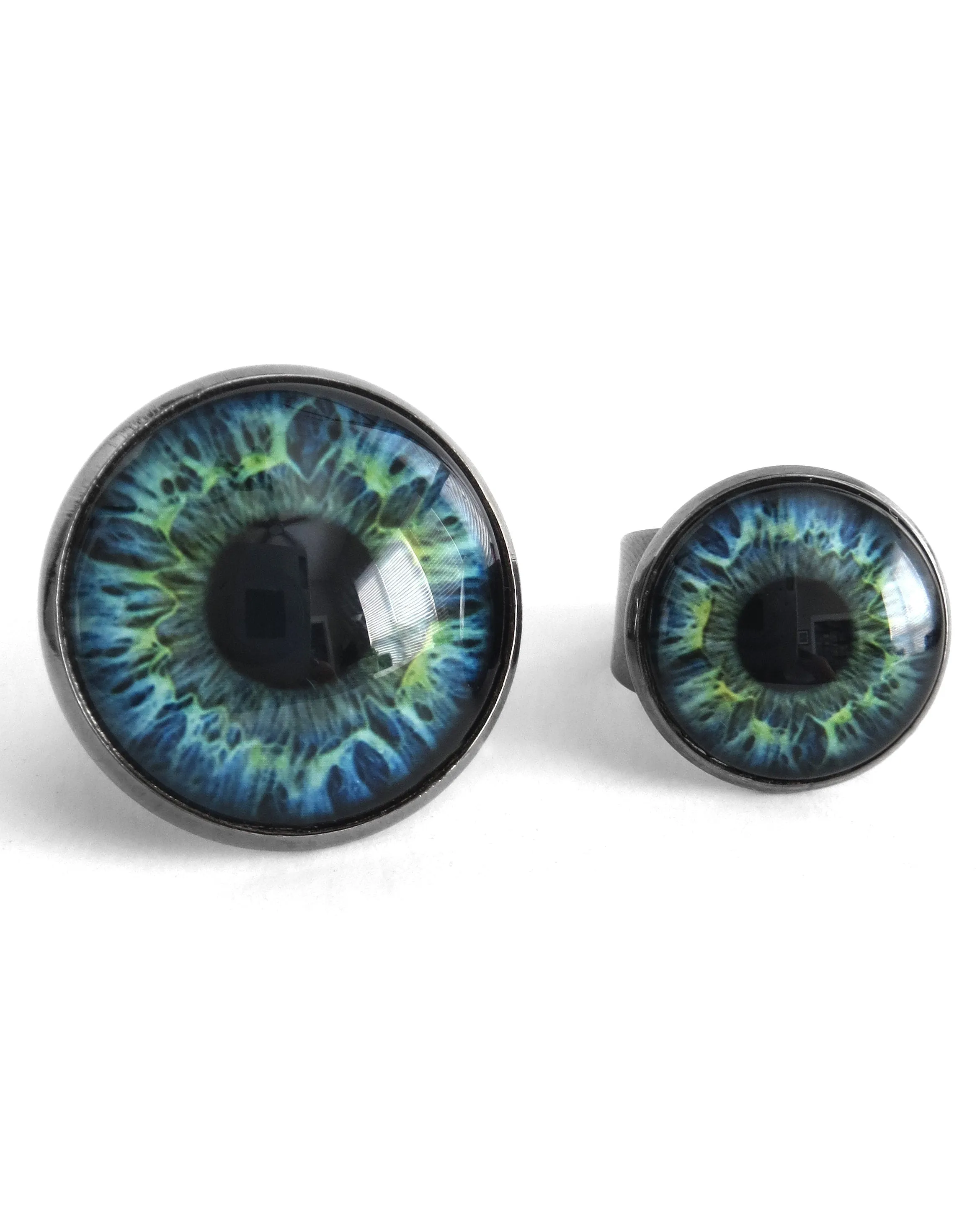 Blue Aqua Eyeball Ring with Green Accents - 2 Sizes