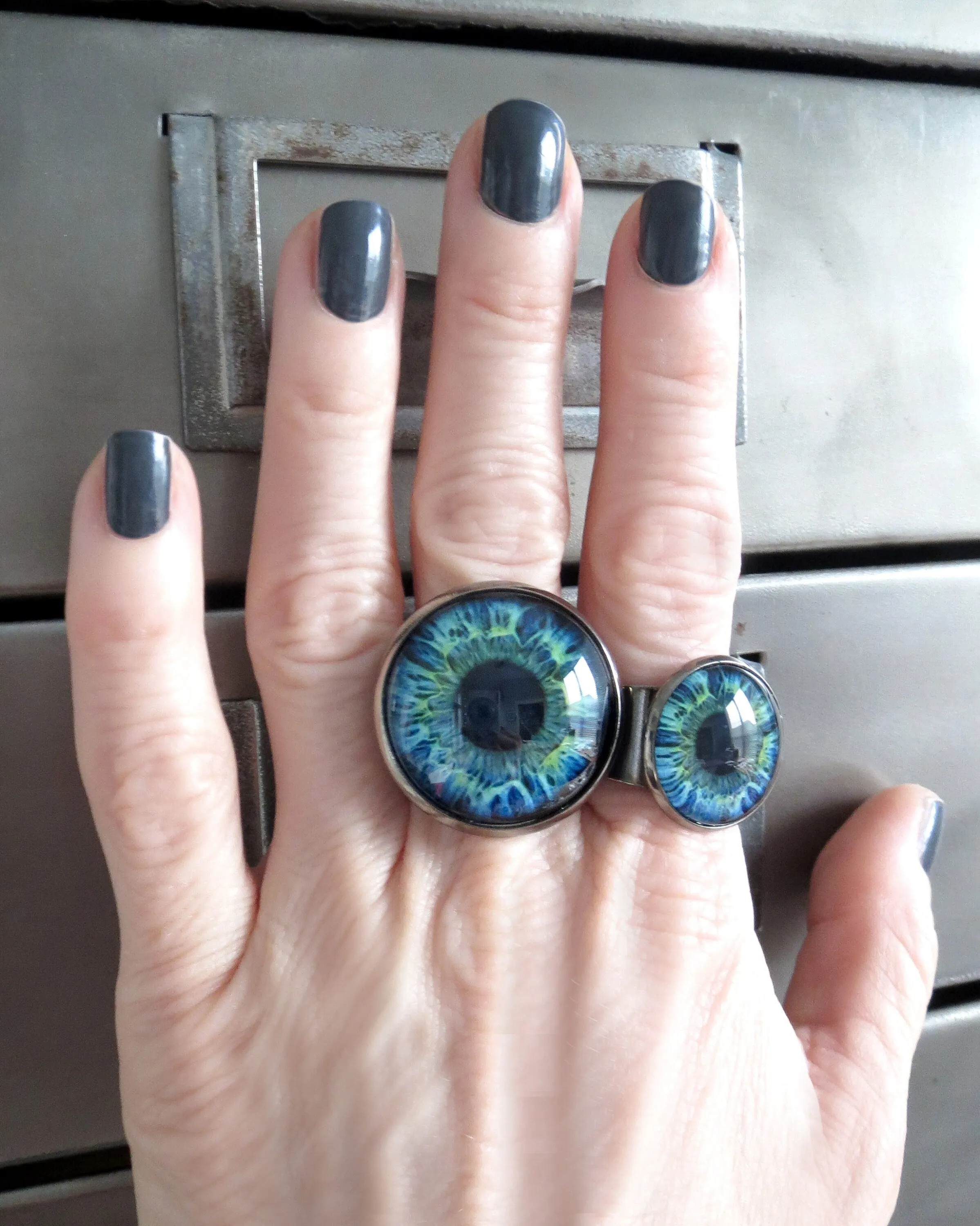 Blue Aqua Eyeball Ring with Green Accents - 2 Sizes