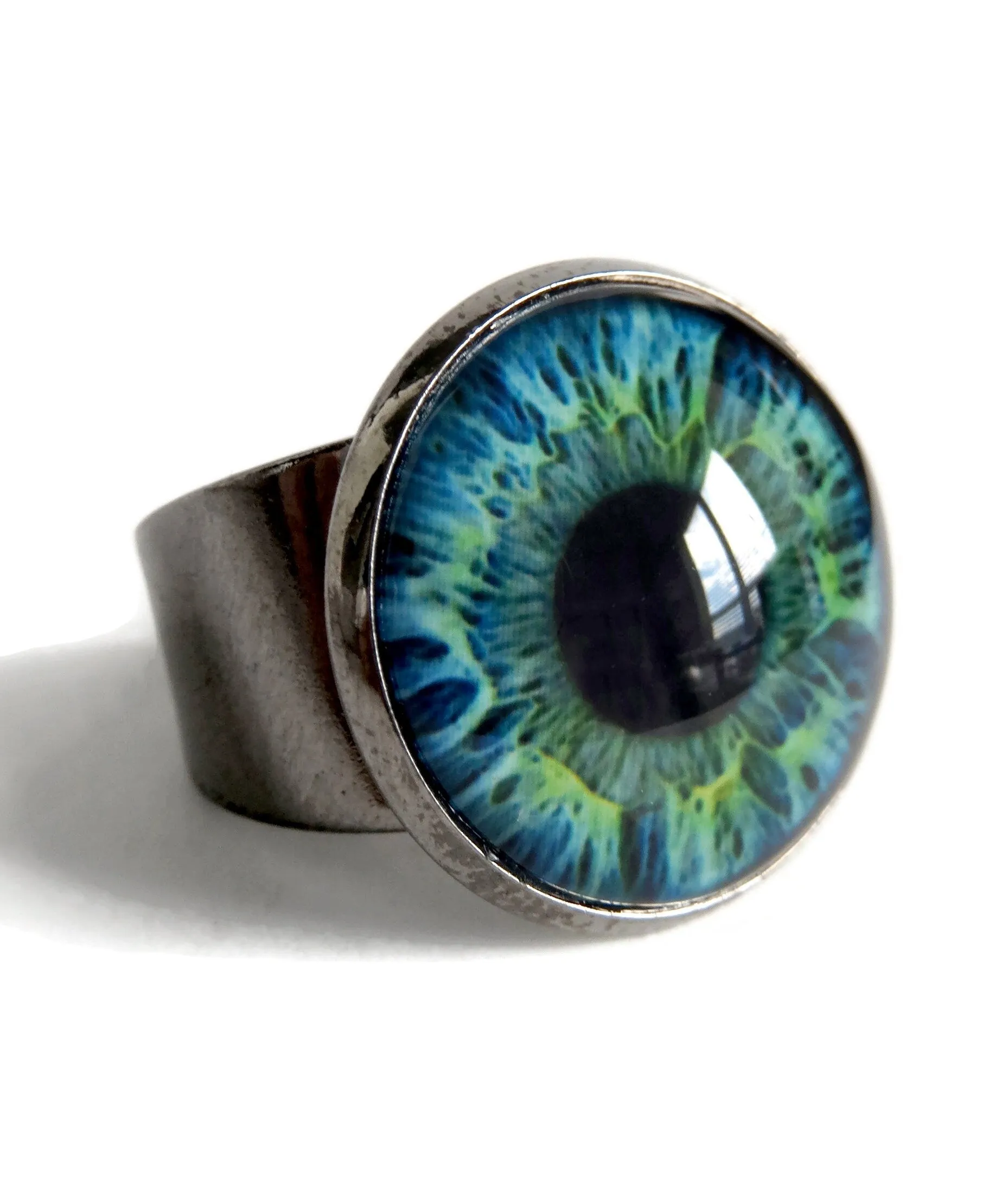 Blue Aqua Eyeball Ring with Green Accents - 2 Sizes