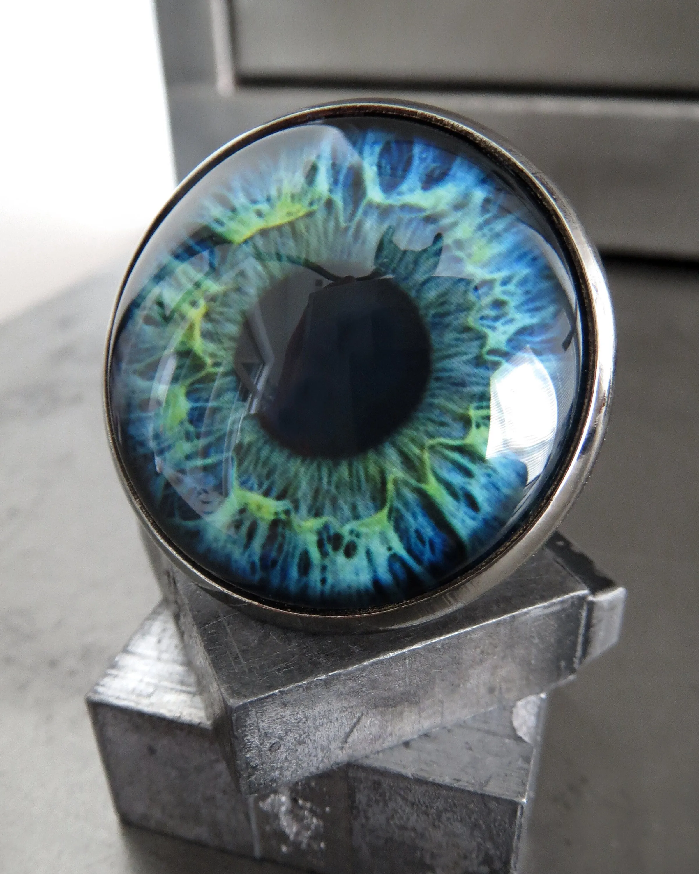 Blue Aqua Eyeball Ring with Green Accents - 2 Sizes
