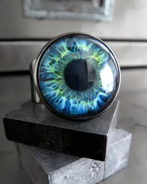 Blue Aqua Eyeball Ring with Green Accents - 2 Sizes