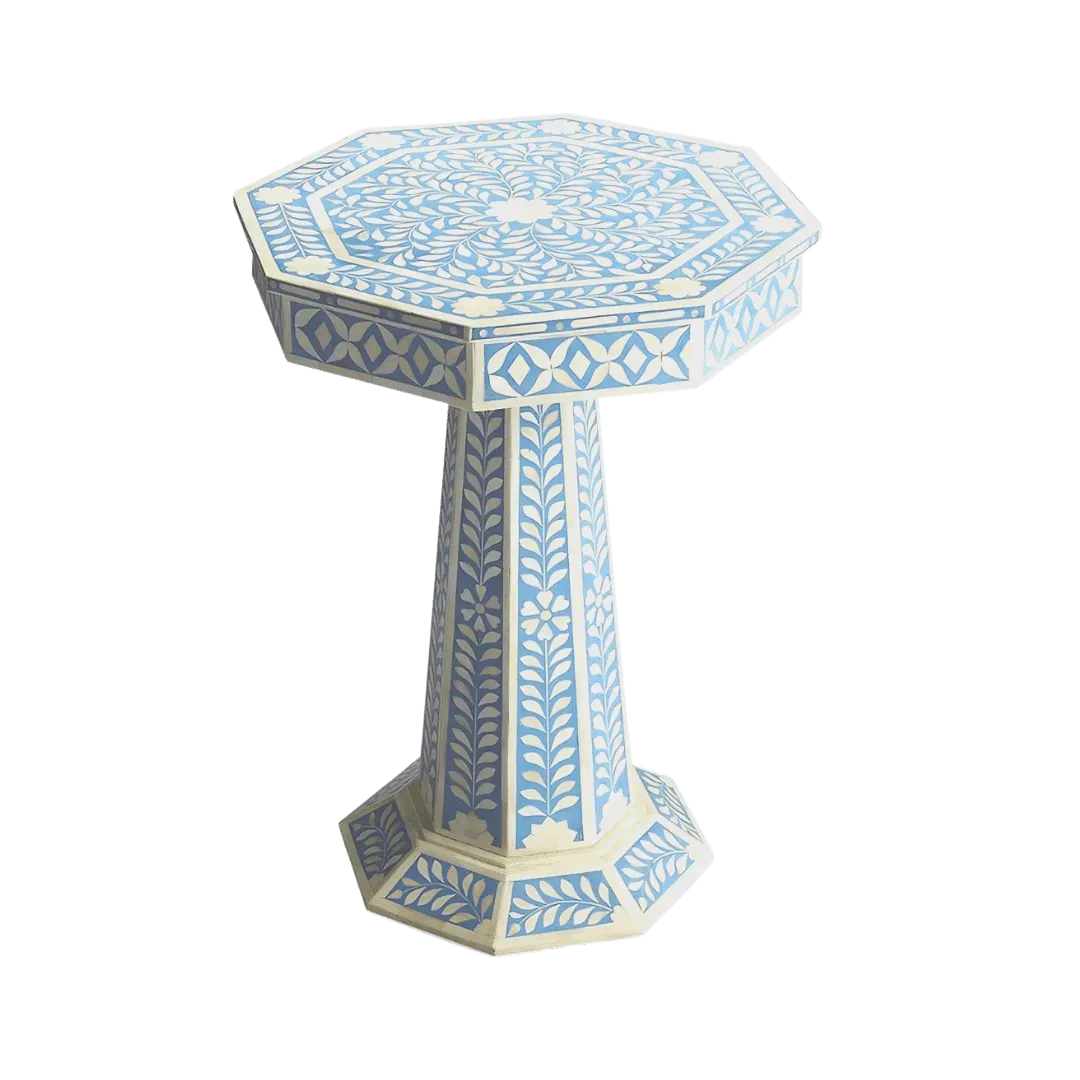 Blue Floral Bone Inlay Pedestal Side Table