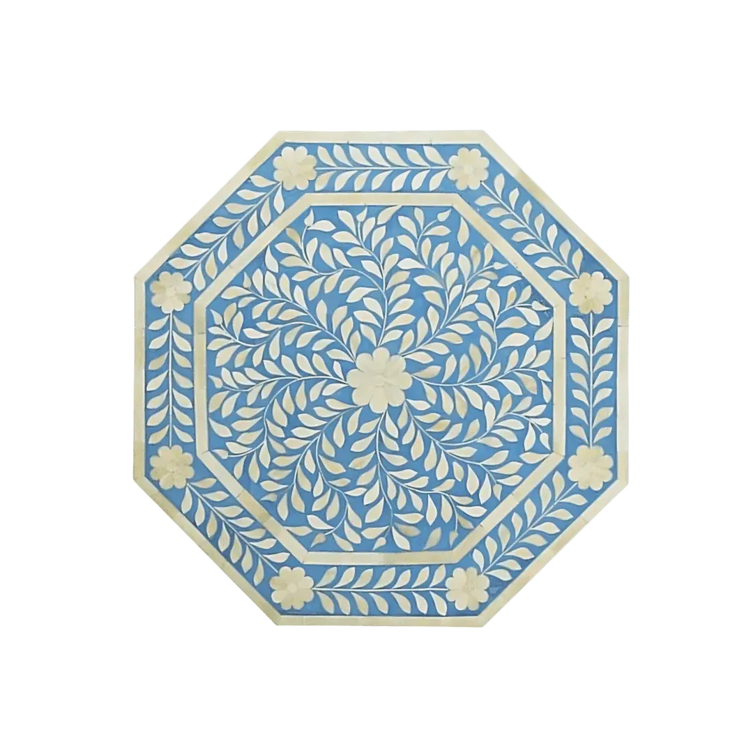 Blue Floral Bone Inlay Pedestal Side Table