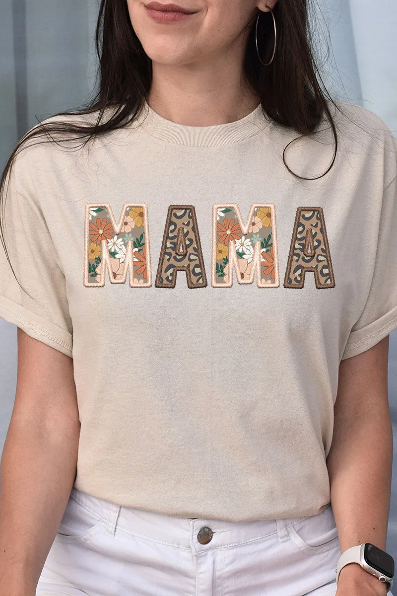Boho Mama Faux Embroidery Transfer Short Sleeve Relaxed Fit T-Shirt