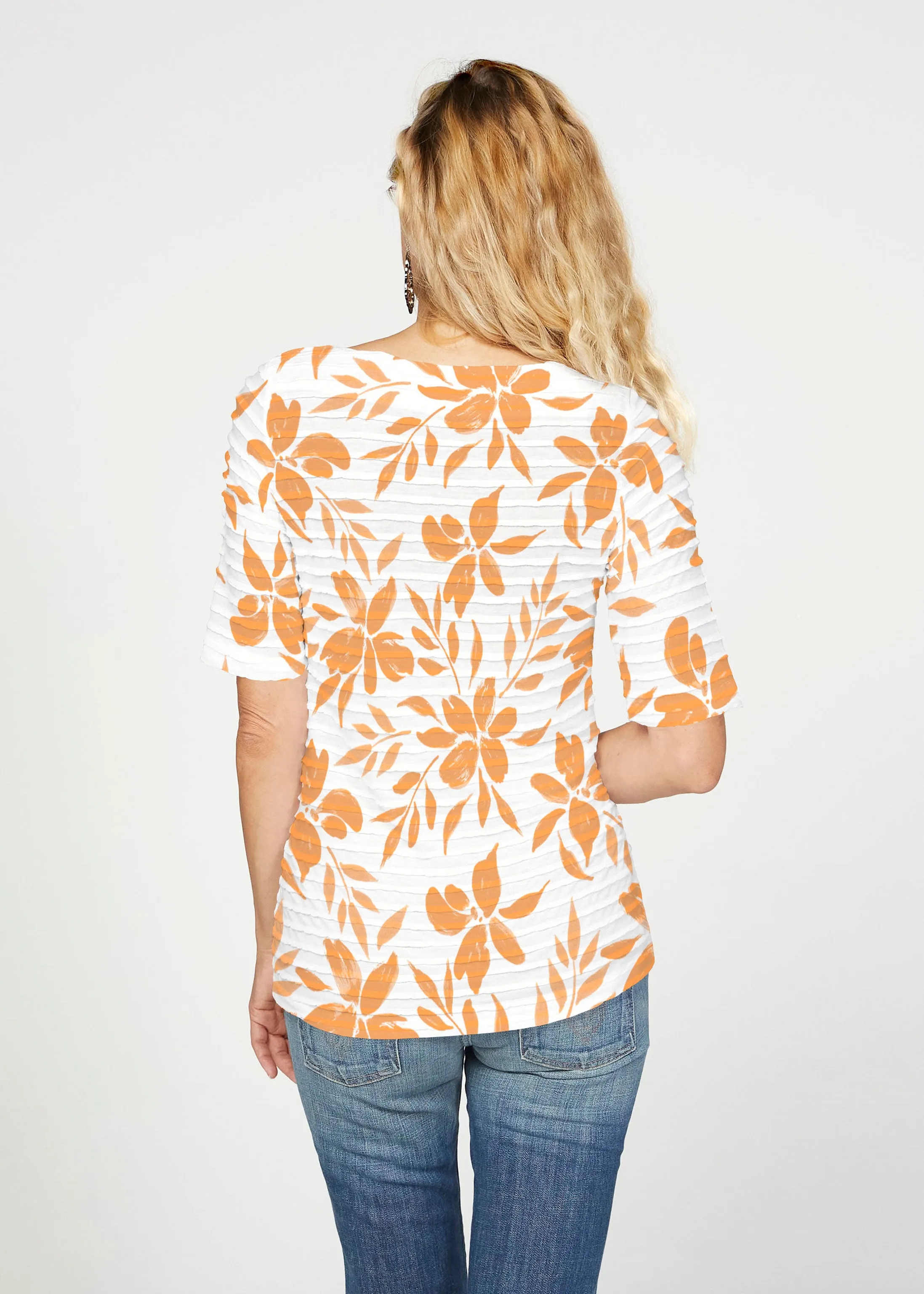 Botanical Pink (8025) ~ Banded Elbow Sleeve Boat Neck Top