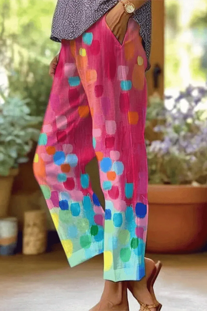 Casual Floral Patchwork Loose Mid Waist Straight Full Print Bottoms(6 Colors)