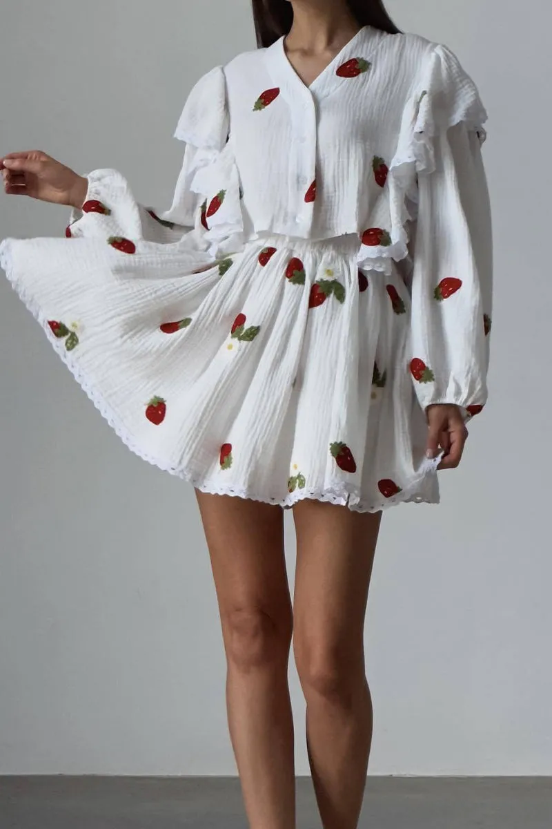 Casual Print Flounce V Neck Long Sleeve Two Pieces(3 Colors)
