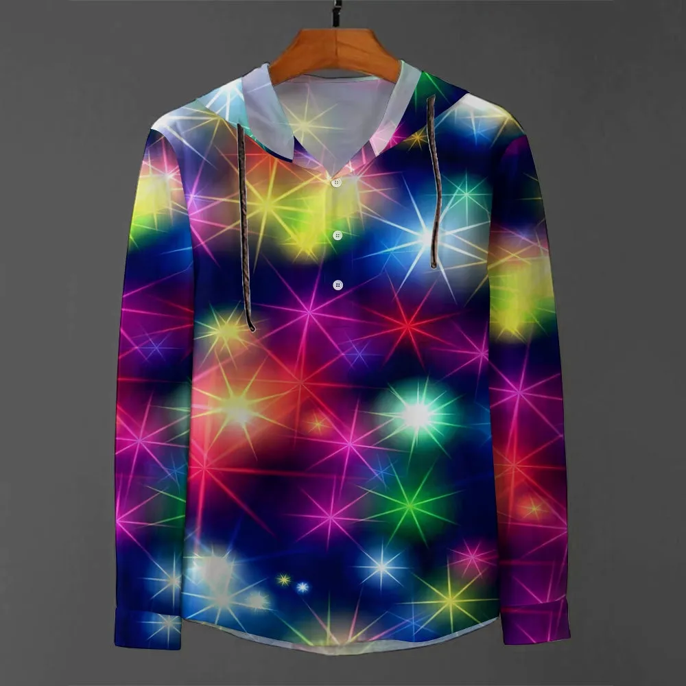 Colorful Glitter Print Hooded Half-Sleeve Shirt 2408002731
