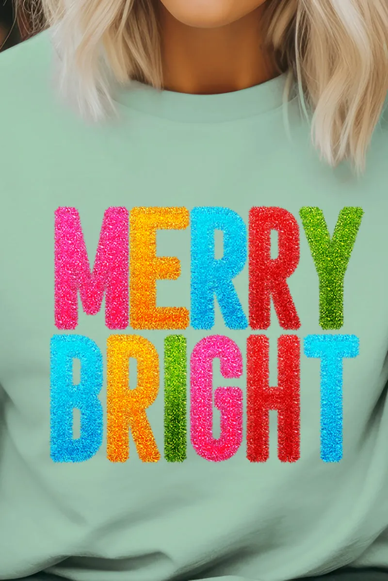 Colorful Merry Bright Faux Tinsel Transfer Short Sleeve Relaxed Fit T-Shirt