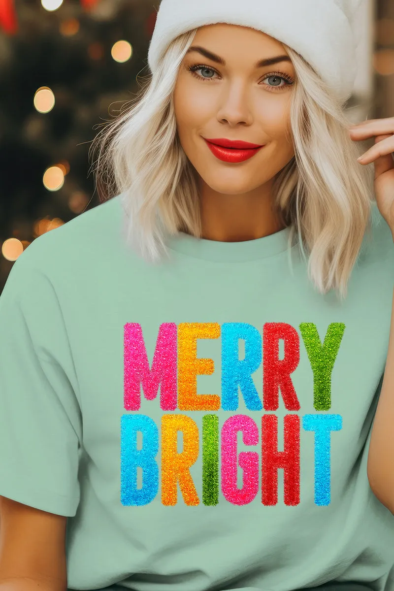 Colorful Merry Bright Faux Tinsel Transfer Short Sleeve Relaxed Fit T-Shirt