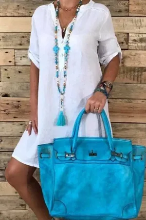 Cotton & Linen V Neck Midi Dress