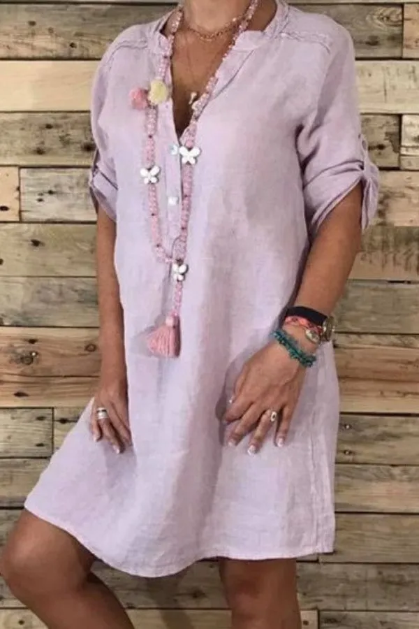 Cotton & Linen V Neck Midi Dress