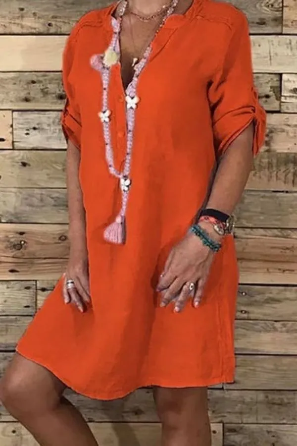 Cotton & Linen V Neck Midi Dress