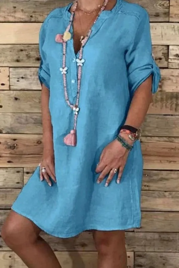 Cotton & Linen V Neck Midi Dress
