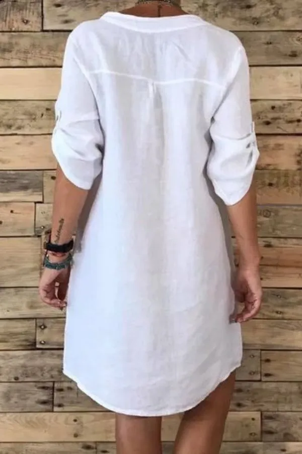 Cotton & Linen V Neck Midi Dress