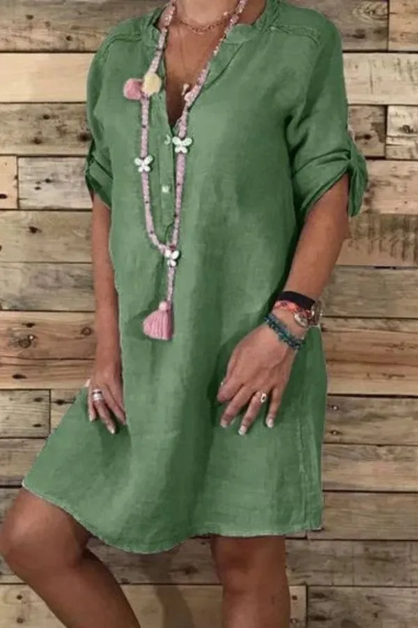Cotton & Linen V Neck Midi Dress
