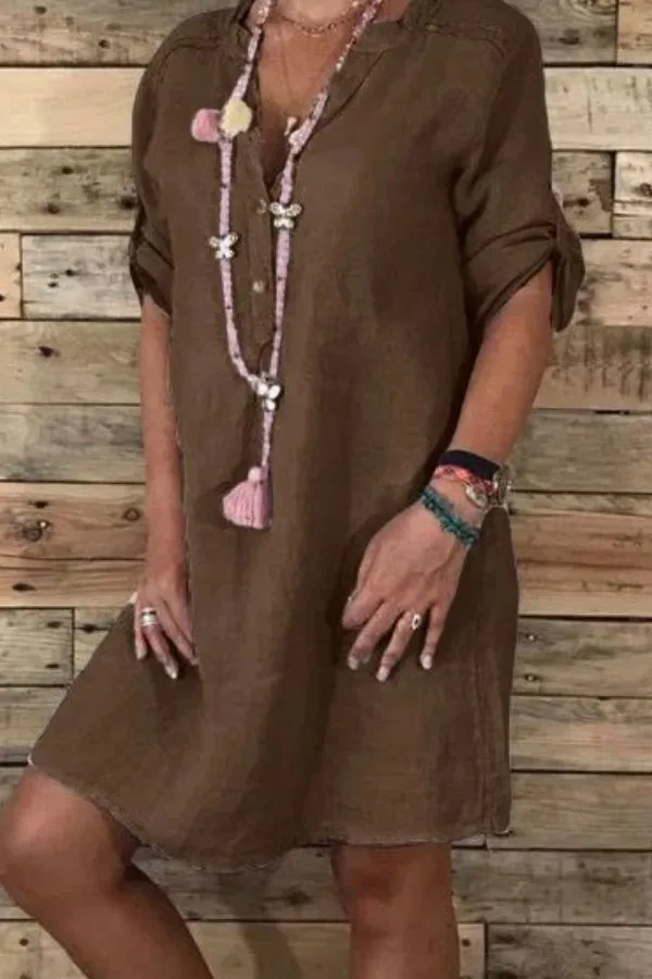 Cotton & Linen V Neck Midi Dress