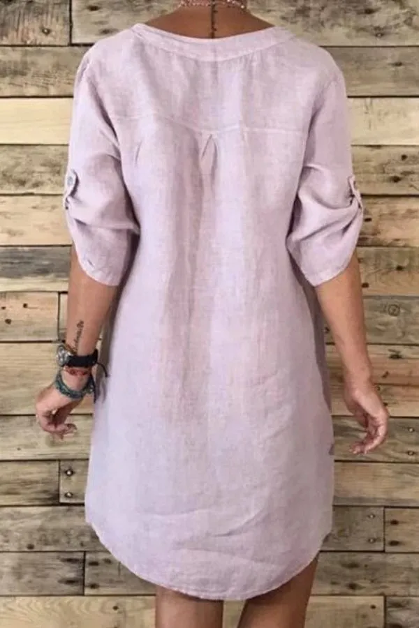 Cotton & Linen V Neck Midi Dress